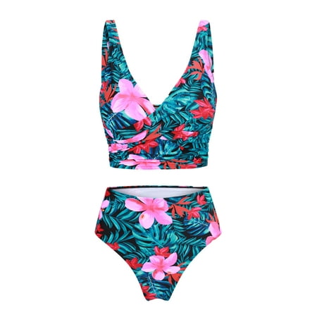 FORTANT Women’s Floral Print Plus Size Bikini Sets Two Piece Swimsuits Ruched Cross Bikini Top with Swim Bottoms, Size S-4XL