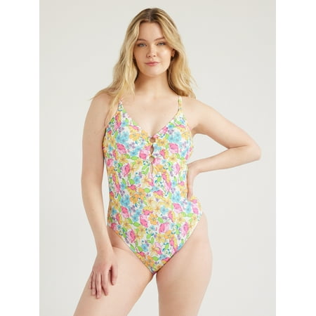 Time and Tru Women’s and Women’s Plus Floral O Ring One Piece Swimsuit, Sizes XS-2X