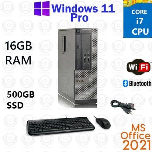 Dell Desktop i7 16GB RAM 500GB SSD Wifi Windows 11 Pro MS Office 21