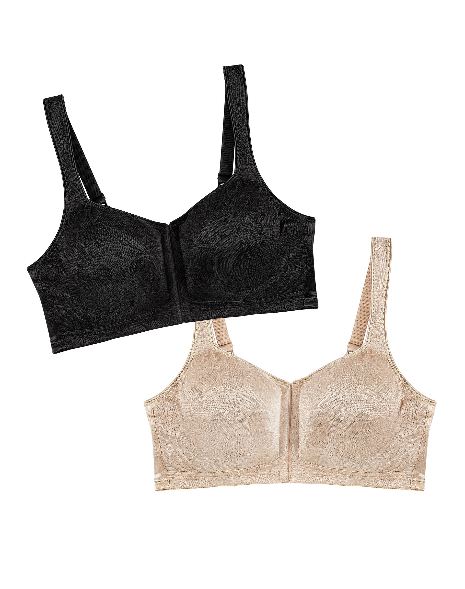 Playtex Women’s 18 Hour Front Close Extra Back Support Wireless Bra, 2-Pack Nude/Black 36D