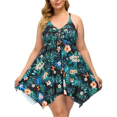 Plus Size Swim Dress for Women Tummy Control Bathing Suit with Boyshorts Two Piece Tankini Swimsuits