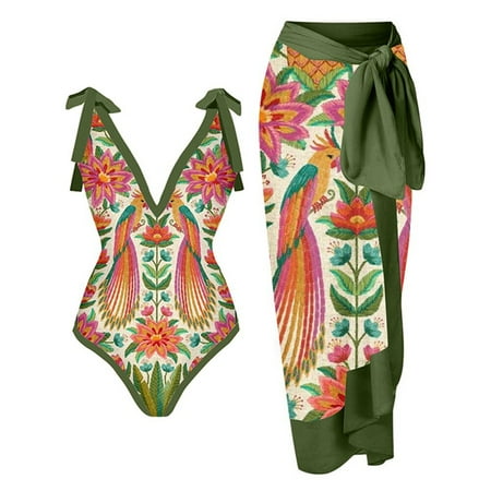 Frostluinai Savings Clearance! Plus Size Swimsuit for Women Two Piece Bathing Suit w/ Swimsuit Cover Up Wrap Skirt Floral Print Bikini Set Beach Swimwear