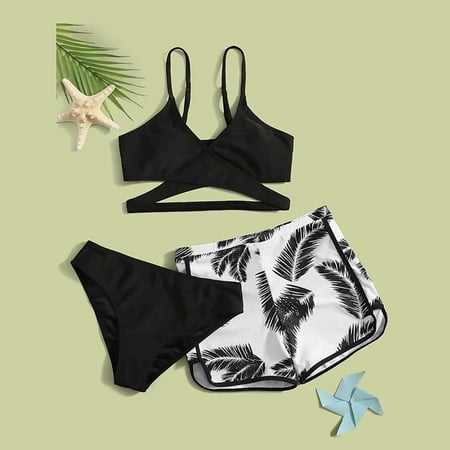 Jacenvly Cyber Deals Bathing Suits for Women 2 Piece High Waist Juniors Solid Bikini Strap Bikini Deep V water Split Swimsuit Set Three-Piece Swimming Suit