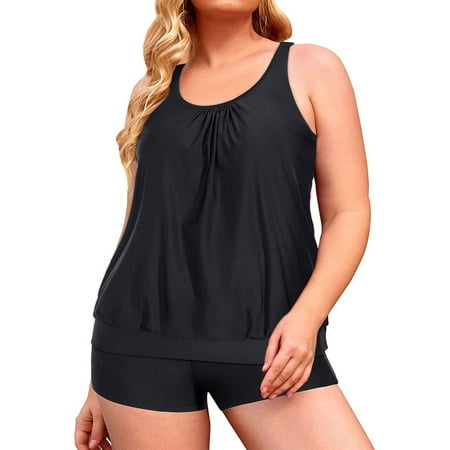 Plus Size Tankini Swimsuits for Women Blouson Swim Tops with Boyshorts Two Piece Bathing Suits