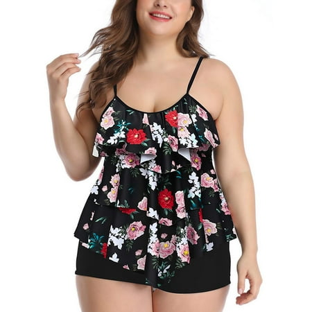 Plus Size Bathing Suit for Women Floral Printed Two Piece Swimsuit Layered Ruffle Tankini Top with Boyshorts