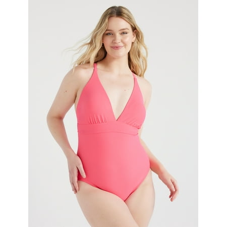 Time and Tru Women’s and Women’s Plus Plunge Tie Back One Piece Swimsuit, Sizes XS-3X