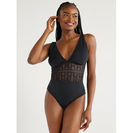 Time and Tru Women’s and Plus Black Crochet Plunge One Piece Swimsuit