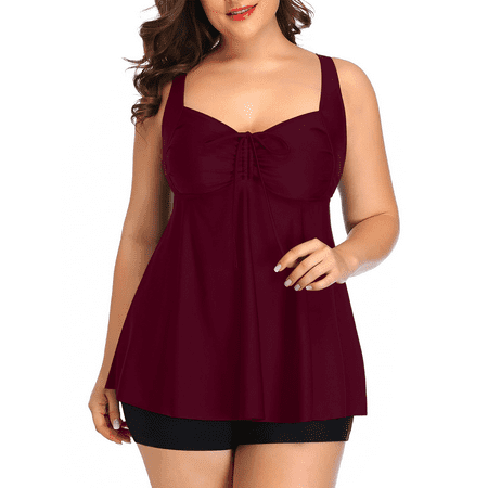 Womens Plus Size 2 Piece Ruffle Bathing Suits Drawstring Tank with Boyshorts Tankini Swimdress for Women