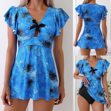 Jacenvly Plus Size Swimsuit for Women Clearance Swimdress Two-Piece Swimwear with Flared Skirt Bikini Bathing Suits Blue