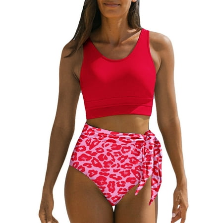 Aleumdr Womens High Waisted Bikini Sets Scoop Neck Racerback Two Piece Swimsuit Floral Tummy Control Bathing Suit Red S