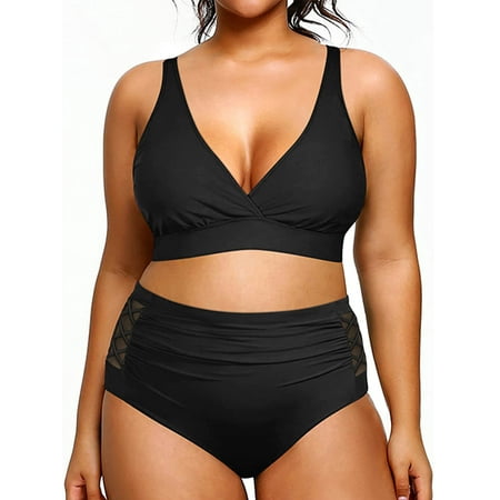 Womens Plus Size V Neck Bikini Set Two Piece High Waisted Swimsuits Ruched Tummy Control Swimwears