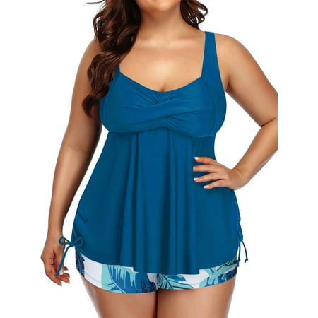 Chama Plus Size Tankini Swimsuit for Women Two Piece Boyshorts Bathing Suits Tummy Control