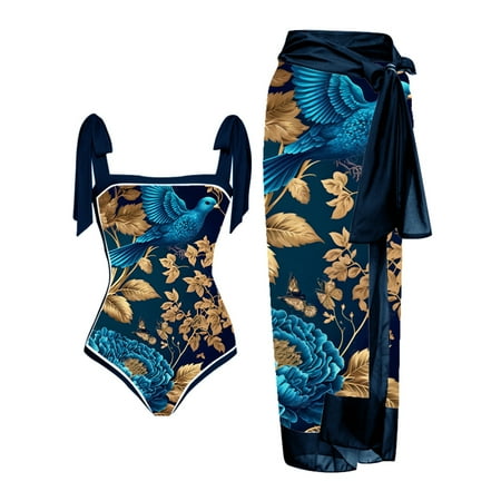 Jsaierl One Piece Bathing Suit for Women Plus Size 2 Piece Vintage Print Shapewear Swimwear Swimsuit with Chiffon Cover Up Wrap Long Skirts Set