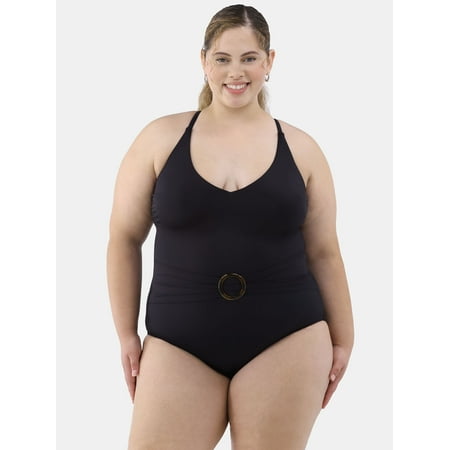Time and Tru Women’s and Women’s Plus V-Neck Belted One-Piece Swimsuit, Sizes S-3X