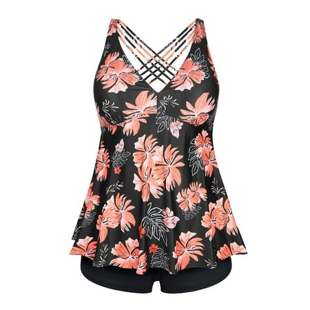 Chama Women’s Plus Size Two Piece Bathing Suits Flowy V Neck Tankini Top with Boyshorts Tummy Control Swimming Suits