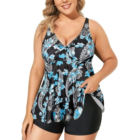 Chama Women’s Plus Size Tankini Swimsuits V Neck Flowy Swimwear Two Piece Tummy Control Bathing Suits with Shorts