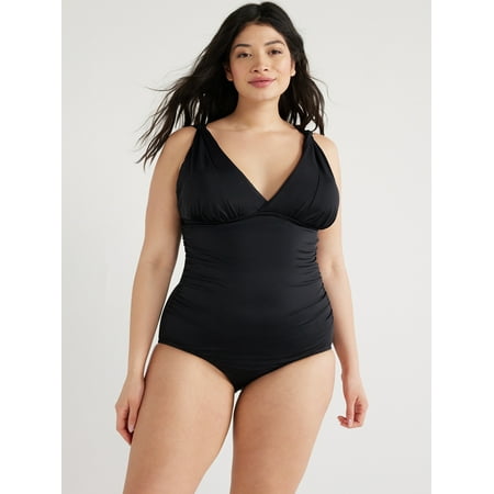 Time and Tru Women’s and Women’s Plus Plunge V Neck One Piece Swimsuit, Sizes XS-3X
