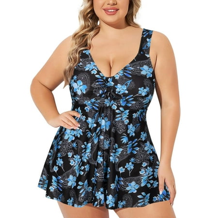 Chama Women Plus Size Swimdress Two Piece Tie Front V Neck Tankini Swimsuit with Boyshort Flowy Swimwear