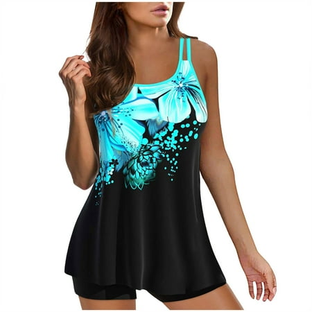 Fulorrnie Two Piece Tankini Bathing Suits for Women Plus Size Flowy Swimwear Tummy Control Swim Dress with Boyshorts Swimsuits,Black,XXL