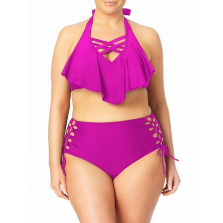 No Boundaries Junior’s Plus Lace Up High Waist Bottom Swimsuit