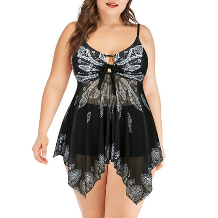 Chama Womens Plus Size V Neck Swimsuit Sexy Mesh Tankini Bathing Suits with Boyshorts Tummy Control(2 Piece)