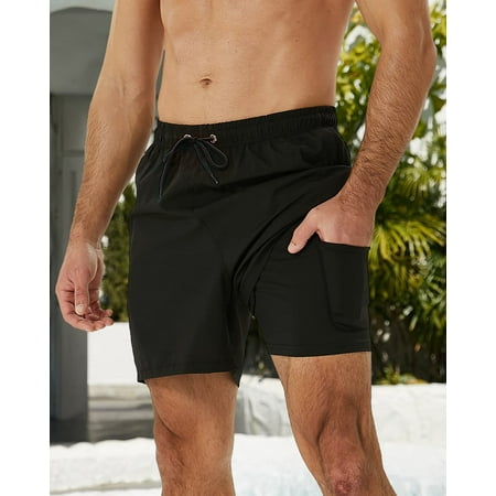 DAKIMOE Mens Swim Trunks Stretch Water Beach Shorts with Compression Liner 2 in 1 Quick-Dry Swimming Shorts with Zipper Pockets, Black, XL DAKIMOE Mens Swim Trunks Stretch Water Beach Shorts with Compression Liner 2 in 1 Quick-Dry Swimming Shorts with Zipper Pockets, Black, XL