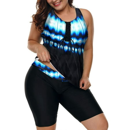 Chama Women’s Plus Size 2-Piece Color Block Swimsuit Athletic Racerback Tankini Tops with Capris Bathing Suits