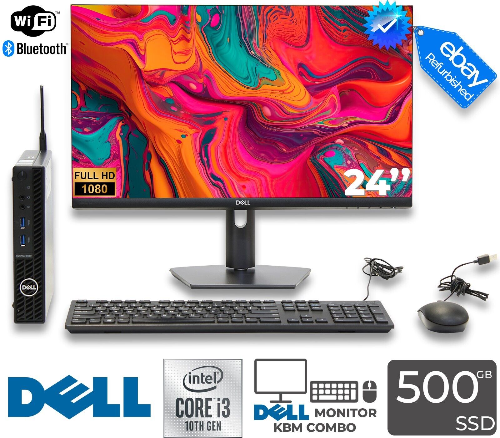 Dell OptiPlex 3080 Micro Intel i3 16GB/500GB WiFi+BT 24-inch Monitor KBM Bundle