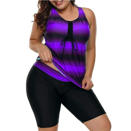 Womens Plus Size Racerback Color Block Print Tankini Swimsuits with Swim Capris XL-4XL