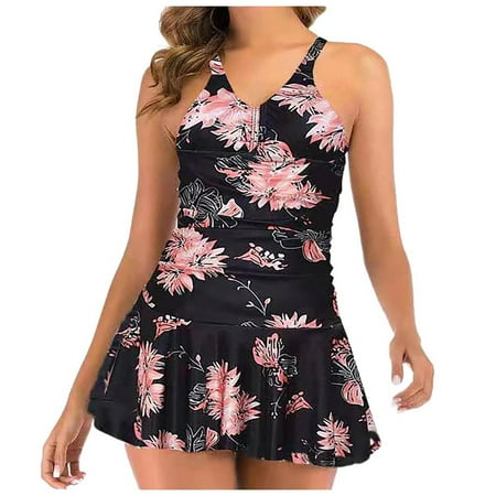 Winter Savings Clearance! EINCcm Women One Piece Swimsuits, Plus Size Retro Sexy Halter Bikini Tummy Control Swimsuits Skirt Flower Print, Swimwear Bikini Bathing Suit Monokini Swimsuits for Women