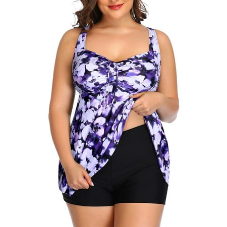 Plus Size Tankini Swimsuits for Women Flowy Bathing Suits with Shorts 2-Piece V Neck Swimwear