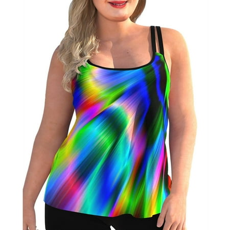 Langwyqu Sleeveless Tie Dye Printing Plus Size Women 2 Piece Swimsuit Tankinis