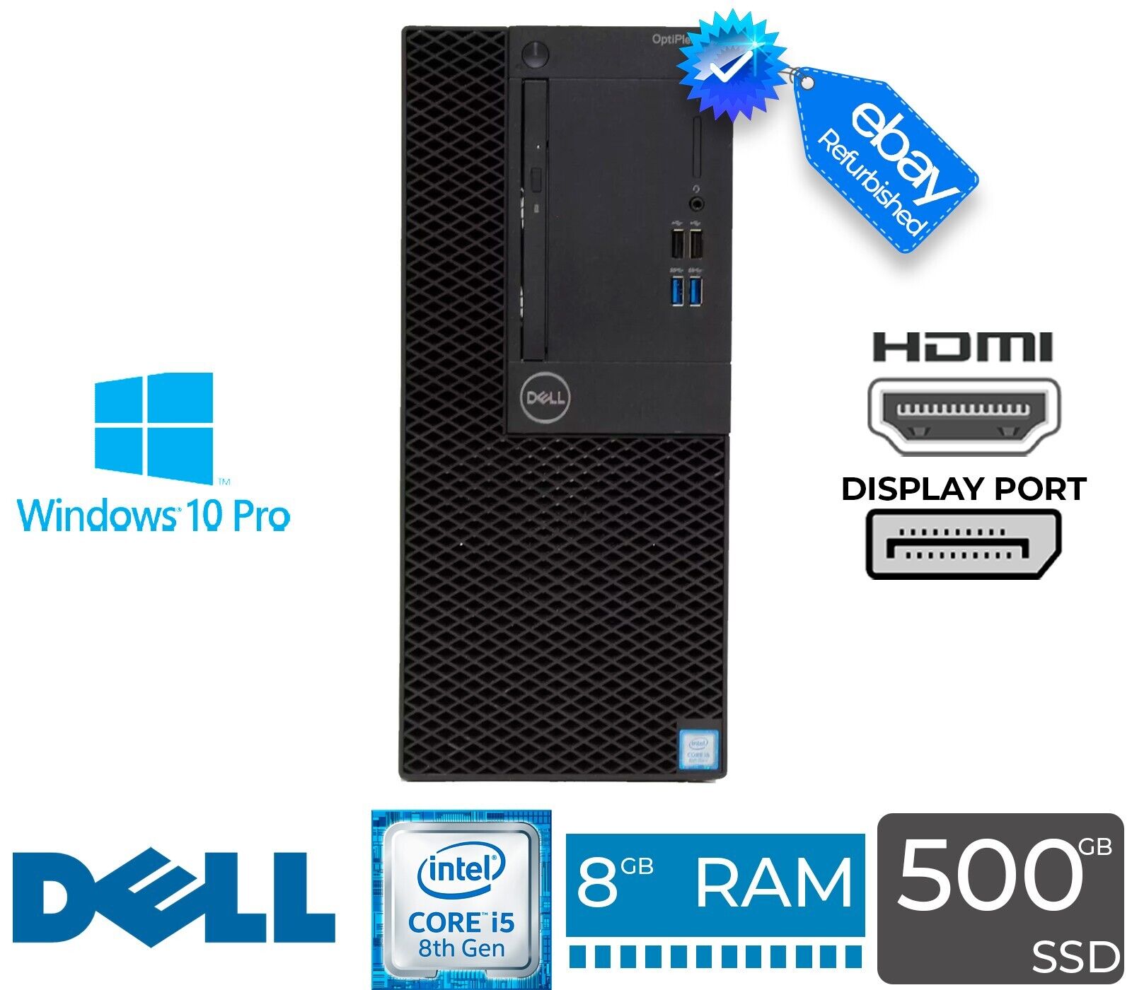 Dell OptiPlex 3060 Intel i5-8500 3GHz 8GB RAM 500GB SSD HDMI DisplayPort Win 10P