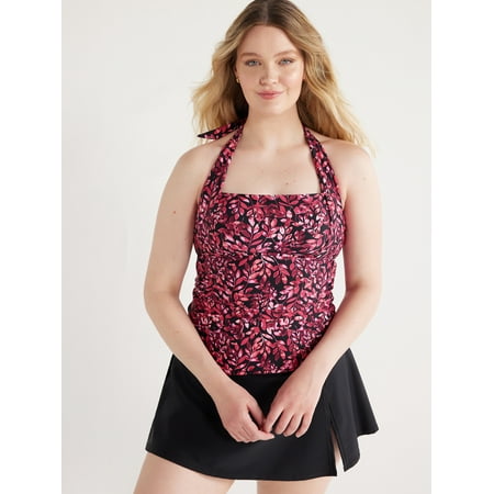 Time and Tru Women’s and Women’s Plus Halter Tankini and Black Swim Skirt Set, 2-Piece, Sizes S-3X