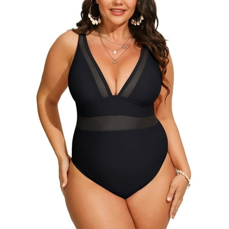 Zenbriele Womens Plus Size One Piece V Neck Swimsuit Mesh Bathing Suits Tummy Control