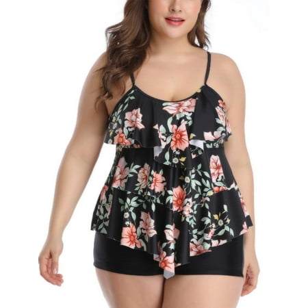 Plus Size Tankini Bathing Suits for Women Tiered Ruffle Swimsuit Top with Boyshorts Tummy Control Swimwear
