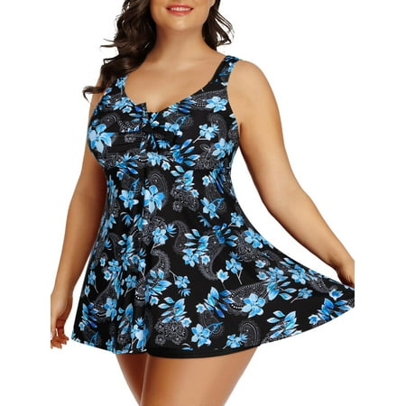 Women Plus Size Tankini Swimsuit Two Piece Flowy Swimdress Bathing Suits with Shorts