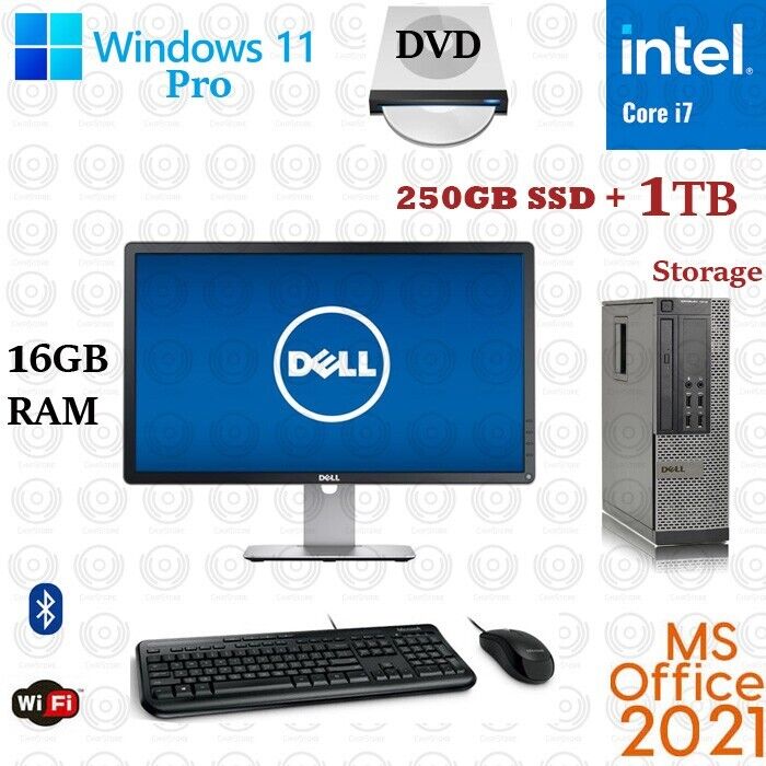 Windows 11 Dell i7 3.4 ghz 16GB 240GB SSD + 1TB 24″ LCD WiFi Desktop Computer PC
