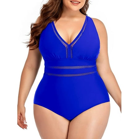 Chama Plus Size One Piece V-neck Swimsuit for Women Hollow Out Bathing Suits Tummy Control Swimwear Set