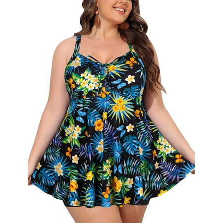 Shealles Womens Plus Size 2-Piece Swimsuit Tummy Control Knotted Front Ruffle Tankini Bathing Suits