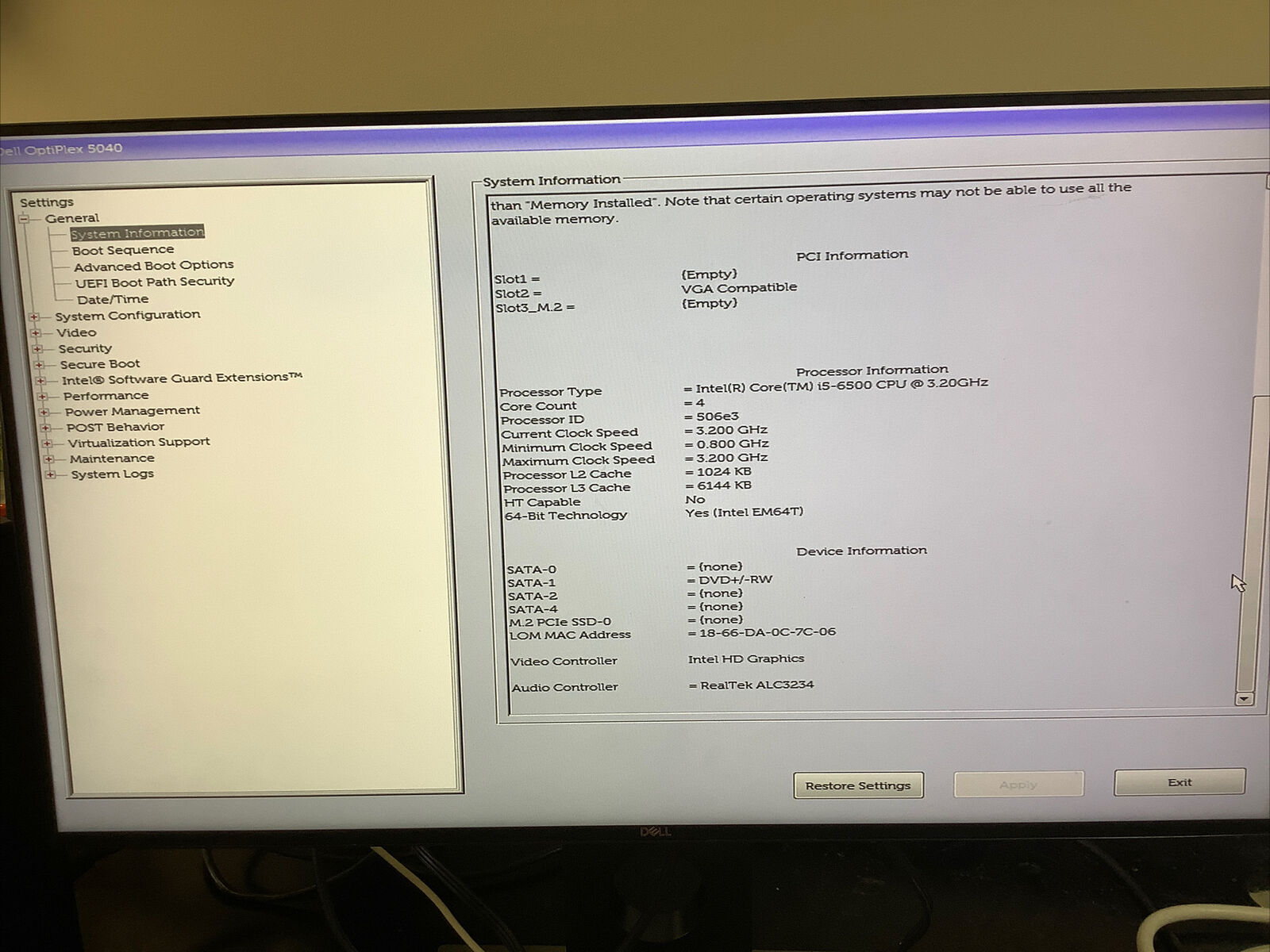 Dell Optiplex 5040 Desktop – Intel i5-6500 3.20GHz No OS