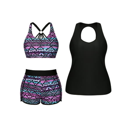 Women 3 Piece Plus Size Tankini Swimsuits Tummy Control Bathing Suits with Bikini Top with Boy Shorts