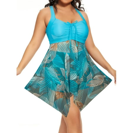 Womens Plus Size Tummy Control Swimdress Tankini Bathing Suits with Boyshorts Flowy Sheer Swimsuits