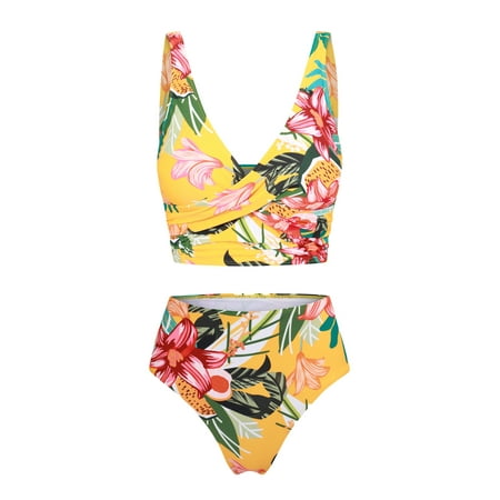 FORTANT Women’s Floral Print Plus Size Bikini Sets Two Piece Swimsuits Ruched Cross Bikini Top with Swim Bottoms, Size S-4XL