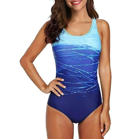 Athletic One Piece Bathing Suit Tummy Control Modest Swimsuits for Women Blue 6-8
