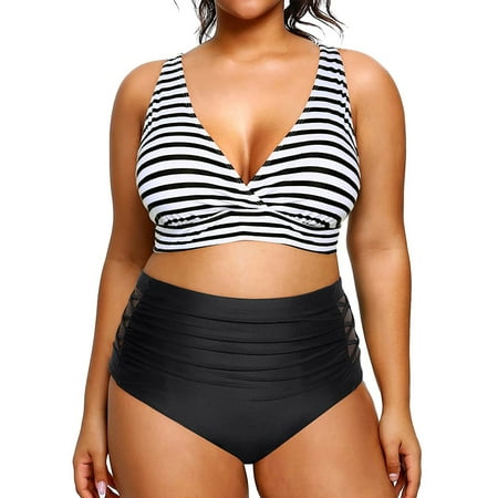 Womens Plus Size V Neck Bikini Set Two Piece High Waisted Swimsuits Ruched Tummy Control Swimwears