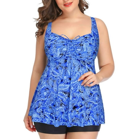 Womens Plus Size 2 Piece Bathing Suits Ruffle Tankini Top with Boyshorts Tummy Control Swimsuits for Women