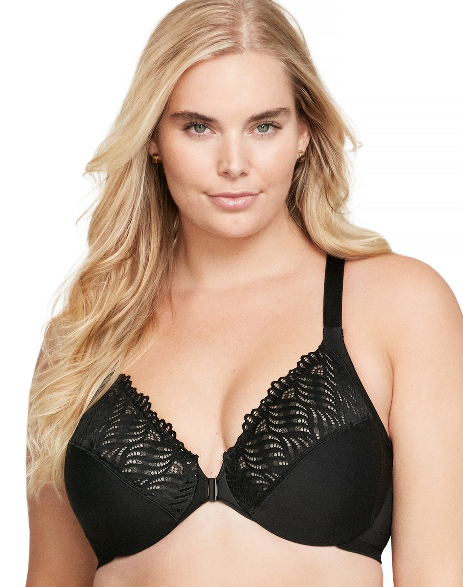 Glamorise Full Figure Plus Size Front Close Lace T-Back WonderWire Bra Black 46F Women’s