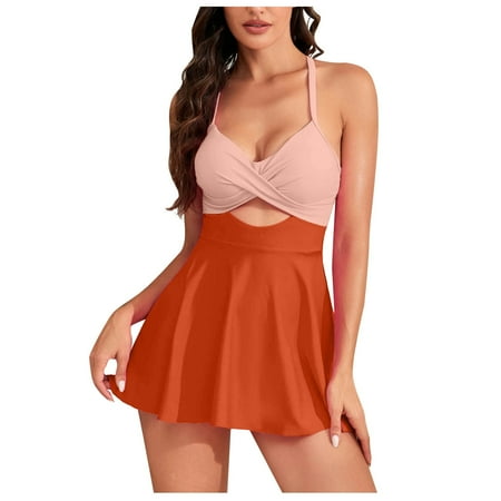 Cethrio Bikini 2 Piece Bathing Suits for Women with Swim skirt, Orange Size 12