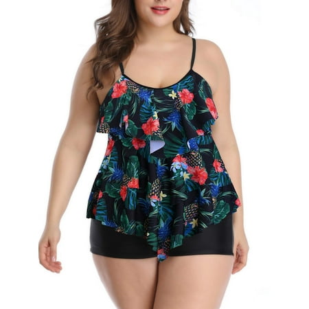Plus Size Tankini Bathing Suits for Women Tiered Ruffle Swimsuit Top with Boyshorts Tummy Control Swimwear